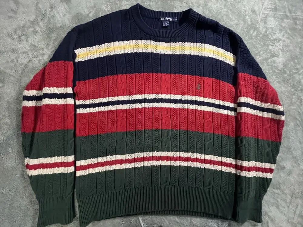 Vintage 90s Nautica Cable Knit Sweater Youth L Striped Colorblock Cotton
